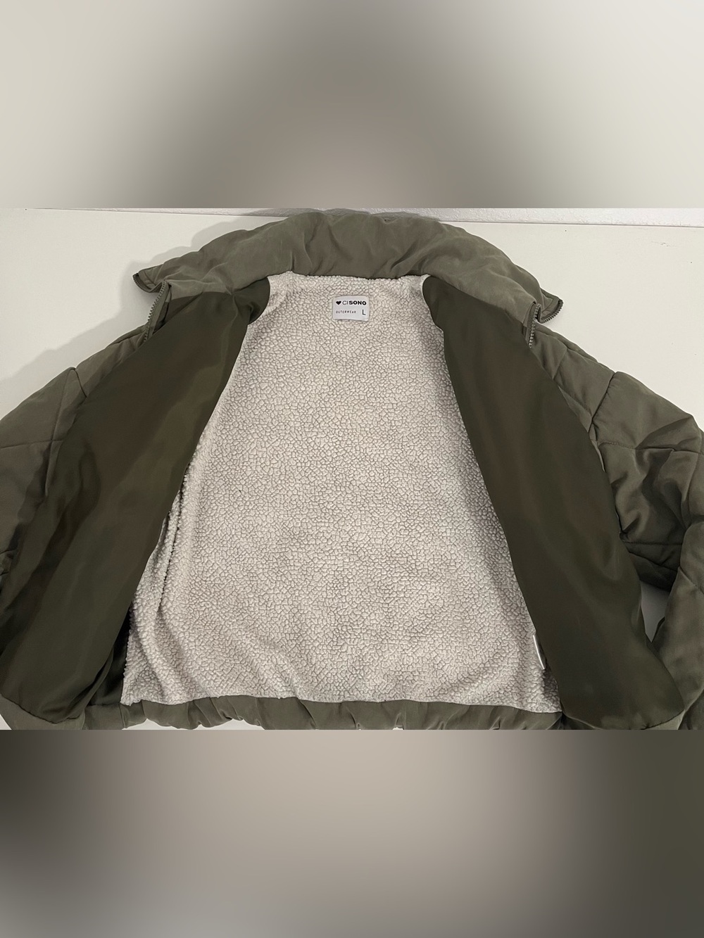 Cisono XL Olive Green Cropped Puffer Jacket Quilted Diamond Sherpa Lined Y2K - Picture 7 of 8